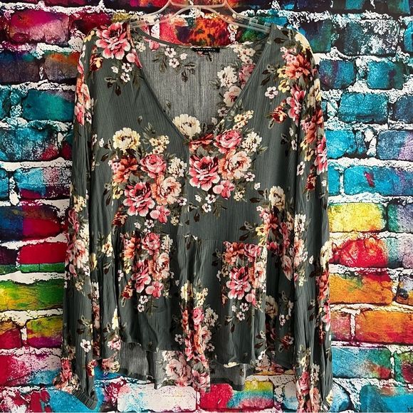 Staccato Tops - Staccato Floral Print V-Neck Boho High Low Shirt Top Blouse Large
